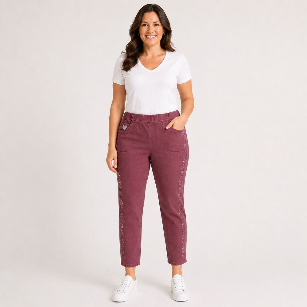 Dream Jeannes Quacker Factory 1X Burgundy Rhinestone Pull On Pants 29 Long